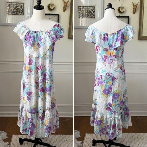 Vintage 70s Mary Martin Rainbow California Off Shoulder Ruffle Dress M L - Picture 1 of 8
